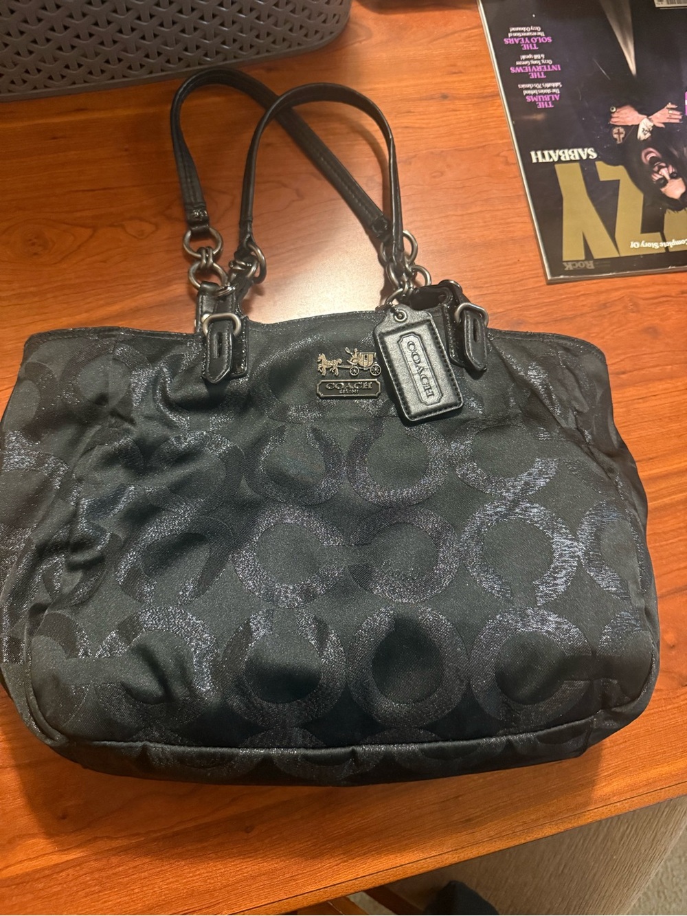 Coach Black Signature Shoulder Bag with Leather Trim